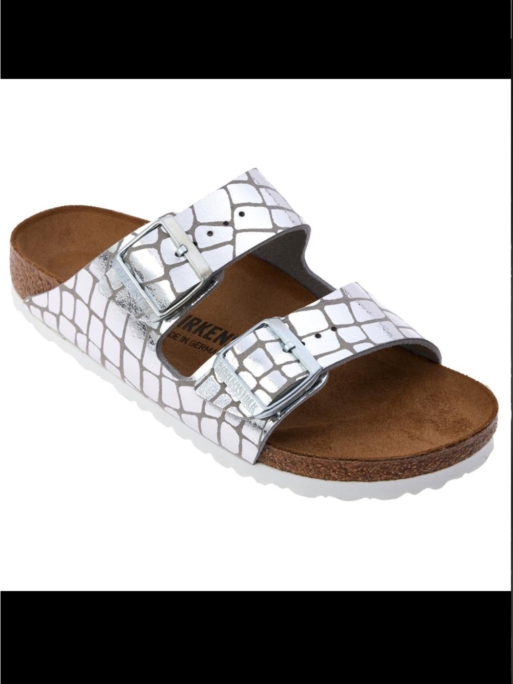 Birkenstock Metallic White Croc-Print Two-Strap Sandal